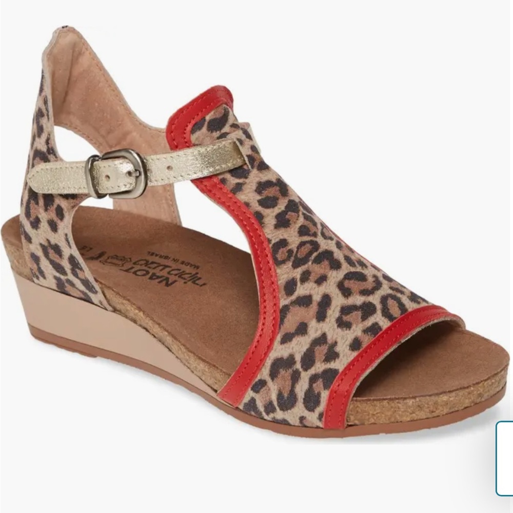 NAOT Fiona Sandals Cheetah Suede Red leather adjustable Gold size 38 NWOT
